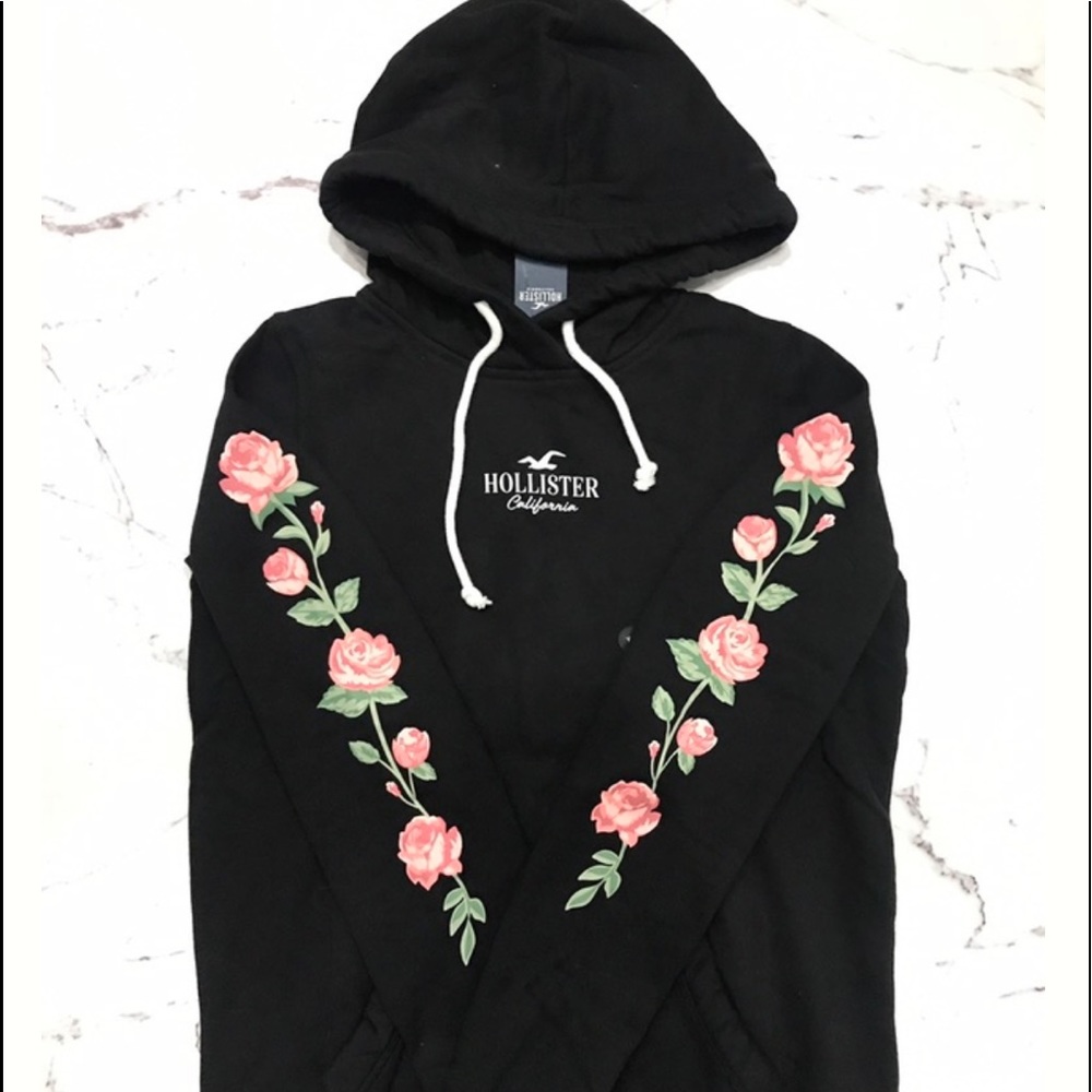 Hollister Black Hoodie with Pink Floral Design